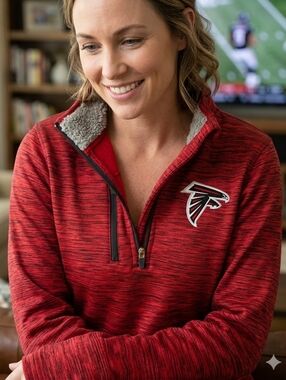 NFL Women’s Red Heathered Quarter-Zip Pullover with Falcons Logo Size XS
